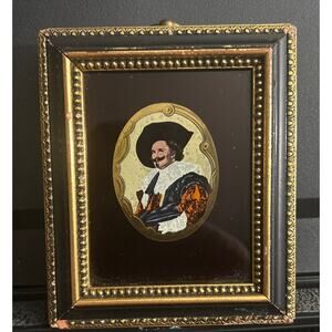 The Laughing Cavalier Antique Miniature Reverse Painted on Glass Wood Frame